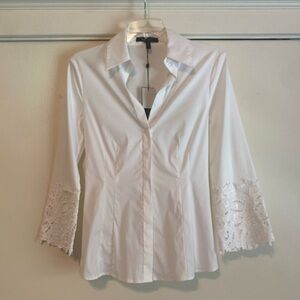 BCBGMaxAzria Tailored White Button Down Blouse with Lace Sleeves